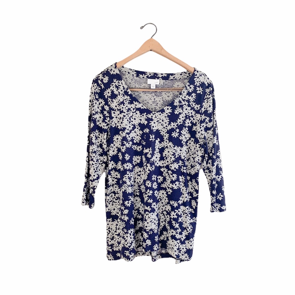 J.Jill Navy Blue Gray Floral Print Knit V Neck Shirt Blouse Medium.